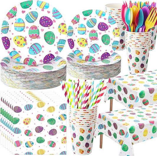 Funnymoom 452 Pcs Easter Party Supplies for 50, Colorful Easter Egg Paper Plates Napkins Cups Tablecloth Cutlery Straws Disposaable Tableware Set for Spring Birthday Baby Shower Party Decorations
