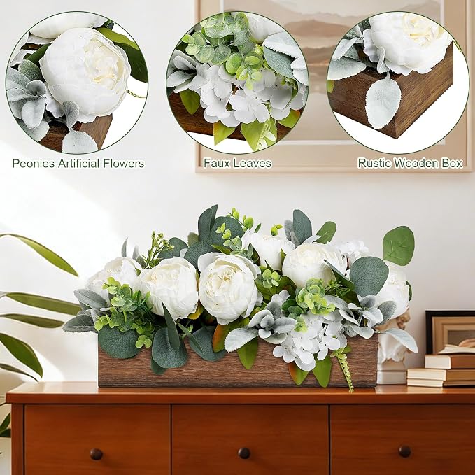 Pre-Made Flower Centerpieces for Table, Artificial Floral Centerpieces for Dining Table Wood Fake Peony Hydrangea Centerpiece for Wedding Living Room Party Bar Kitchen Table(White)