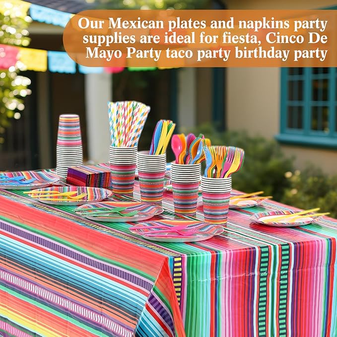 Funnymoom 452 Pcs Cinco De Mayo Party Decoration for 50 Guest, Mexican Serape Paper Plates Napkins Cups Tablecloth Cutlery Straws Fiesta Disposable Tableware Set for Mexico Birthday Party Supplies