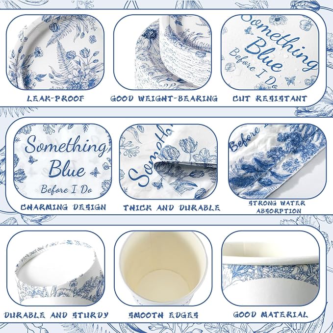 Zhehao 250 Pcs Something Blue Bridal Shower Plates Napkins Sets 50 Pcs 9'' Dinner Plates and 7'' Dessert Plate and 9oz Cups 100 Napkins Serves 50 Party Supplies Bridal Shower Engagement Decoration