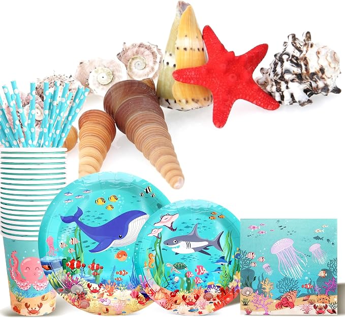 Recheel Under the Sea Birthday Party Supplies Decorations, Ocean Theme Paper Plates and Napkins Set for 24 Guests, 120 Pcs Disposable Sea Animals Party Dessert Dinnerwares