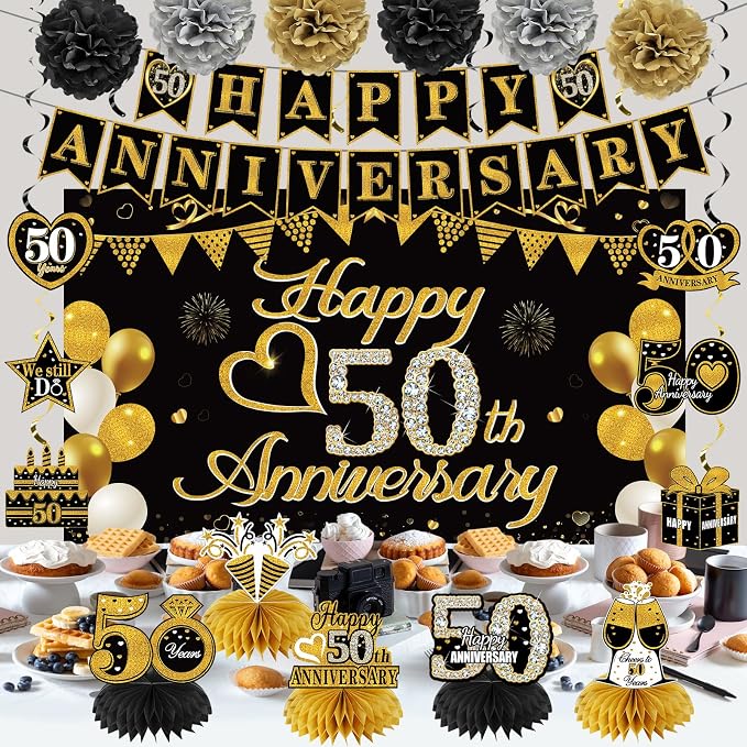 Turypaty Happy 50th Anniversary Decorations Kit, Black Gold 50th Wedding Anniversary Party Supplies - Large Happy Banner Backdrop, Table Centerpieces, Hanging Swirls, Paper Pompoms