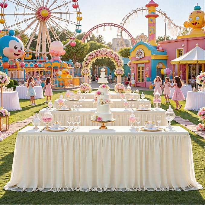 leegleri 2 pk 6ft Champagne Tulle Tablecloth for Rectangle Tables, 2-in-1 Table Covers with Tulle Skirt,Wrinkle Free Stretchy Ruffle Tulle Table Cloths Fitted for Wedding Party Banquet Vendor