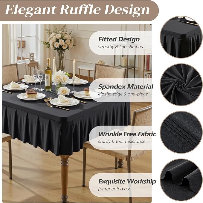 Wish Care Black Spandex Tablecloths for 54x54 Inch Square Tables, Stretch Fitted Table Clothes with Pleated Ruffle Skirt for 54” Table, Wrinkle Free and Elastic, for Party Kitchen Home Dining