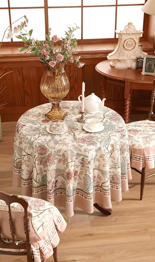 patdrea Vintage French Linen Tablecloth,Round,Diameter 67"-Kulom A | Elegant Table Cloth for Round Table,Leaves and Bird Patterned,Dining Room Tea Party Thanksgiving Decor,Pink