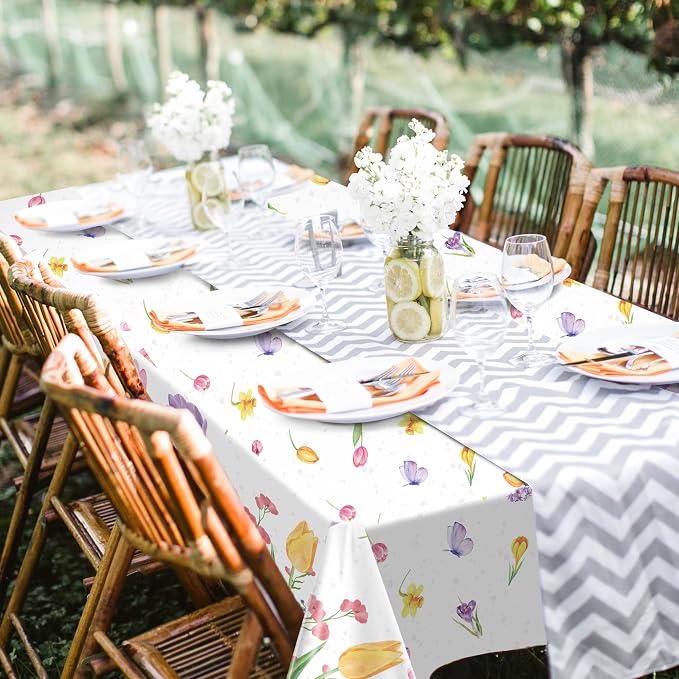 Kochorie 100 Ft x 54 Inch Spring Flower Tulip Tablecloth Roll Plastic Floral Disposable Table Cover Butterfly Wildflower Themed Backdrop for Spring Floral Tea Party Birthday Wedding Decor
