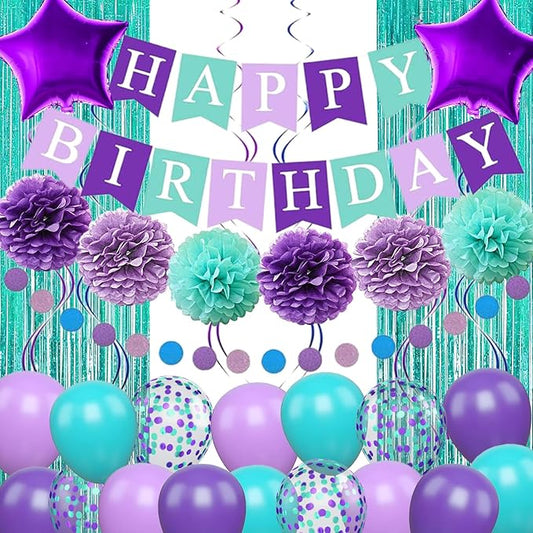 Mermaid Birthday Decorations Purple Teal Blue Party Balloons Happy Birthday Banner Dots Garland Purple Turquoise Green Fringe Curtain Pompom Swirls for Girl Women Baby Shower Party Decoration
