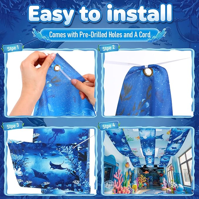 Gilprop 3 Pcs Ocean World Ceiling Decorations, 2 x 12 Ft Underwater Theme Hanging Fabric, Sea Creature Party Supplies for Birthday Baby Shower Classroom Photo Backdrop & Event Decor