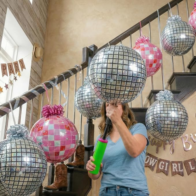 6 Pack 4D Disco Ball Ornament Balloons with 12 Pull Ribbon Gift Bows – Y2K Ceiling Hanging Balloon Set for Prom, Disco Party, Cowgirl Retro Party & Bachelorette Decorations