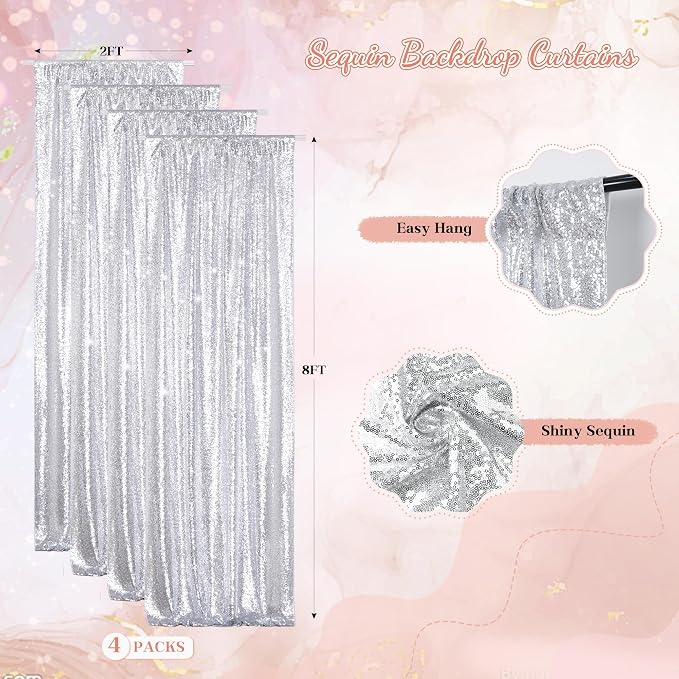 PartyDelight Silver Sequin Backdrop Curtains 2x8ft 4 Panels | 3mm stitched sequin curtain with 4 inch rod pocket for 2x8ft 4 panel fuller wall coverage pleated backdrop and 8ft stand