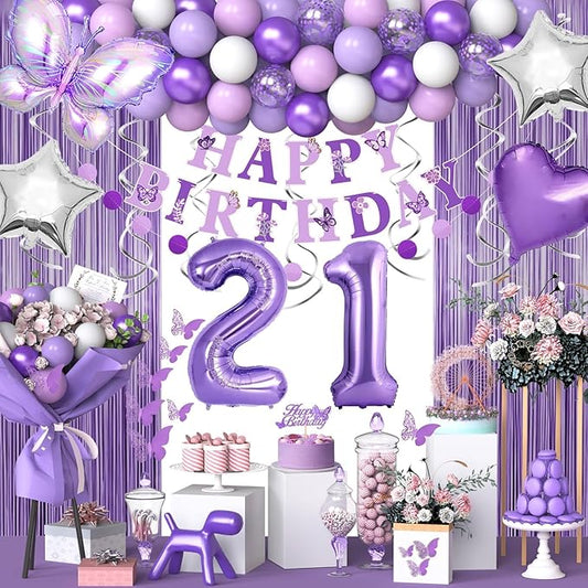 21st Purple Birthday Decorations for Women, Purple Pink 21st Birthday Decorations Butterfly Theme Lavender Party Decor Set with Number Balloons, Banner, Sash, Butterfly Stickers