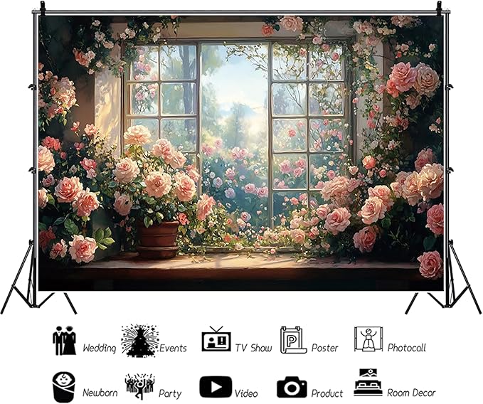 Baocicco 10x6.5ft Window Floral Backdrop Photography Flowers Wedding Bridal Shower Photography Background Retro Oil Painting Flower Banner for Girls Women Birthday Newborn Party Decorations Props