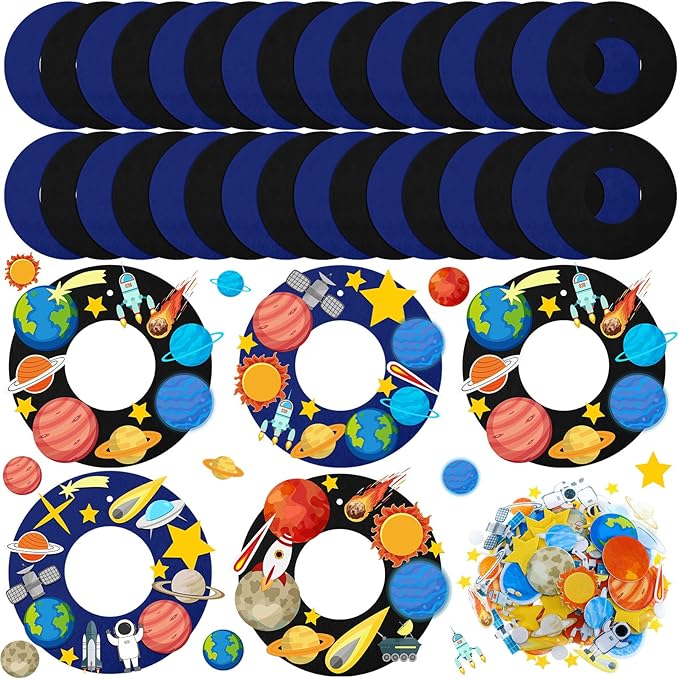 Sureio 32 Sets Space Craft Kits Solar System Project Kits DIY Wreath Craft Outer Space Arts Birthday Party Decoration with Planet Spaceship Rocket Astronaut Star Stickers for Party Favor Supplies