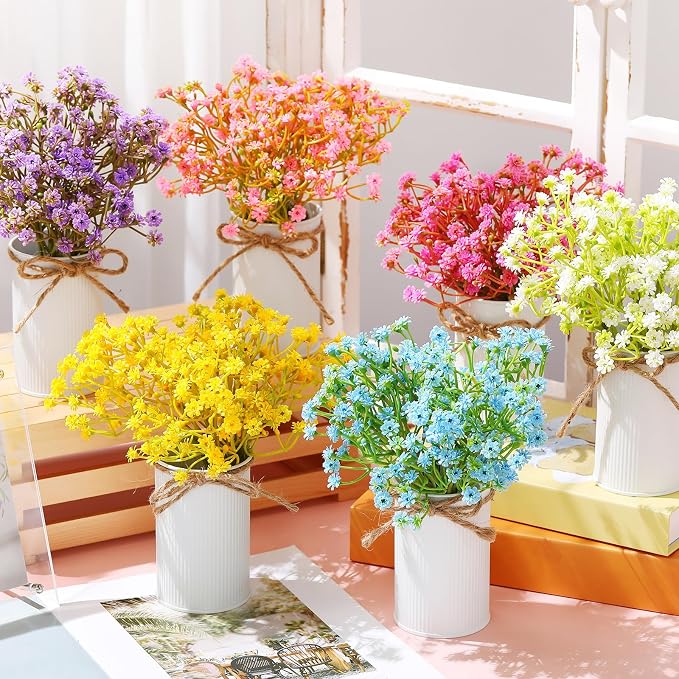 Wavwavw 6 Set Babys Breath Artificial Flowers Centerpieces for Tables Gypsophila Faux Fake Flowers with Vase Floral Arrangement Bouquets for Wedding Dining Table Home Party Decor