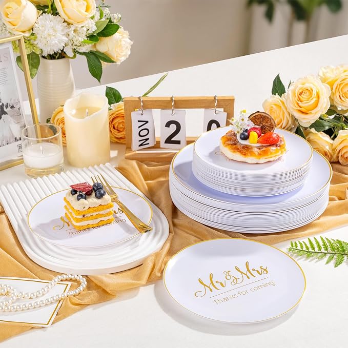 I00000 Mr and Mrs Wedding Plastic Plates and Napkins Set,Bridal Shower Plates Set for 25 Guests Include 25 Dinner Platos,25 Dessert Platos,25 Cups,25 Napkins,25 Gold Cutlery for Engagement Party Decor
