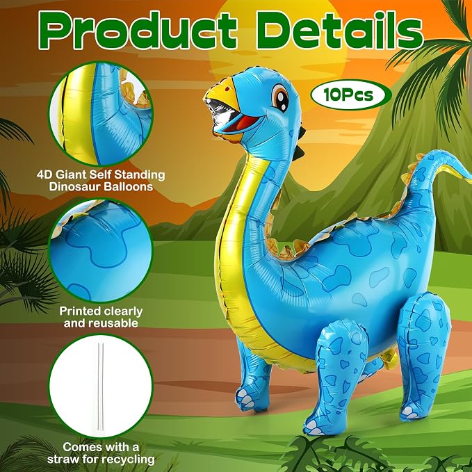 Foilswirl 10 Pcs Giant 3D Dinosaur Balloons (20‑35") Dino Aluminum Foil Self Standing Dino Balloons Dinosaur Inflatable Birthday Decorations for Jungle Theme Party(Multicolored)