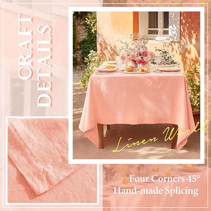 Linen World Linen Tablecloth,100% French Natural Flax Tablecloth 132" x 90" Inch,Washable Rectangular Table Cloth for Dining,Outdoor,Weddings and Restaurants,Decorative Christmas,Peach Pink