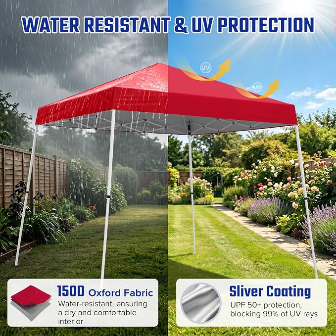 10x10 Pop Up Canopy Tent with Carry Bag, Slant Leg Instant Shade Shelter for Outdoor Events, Camping, Sports, Parties, Red