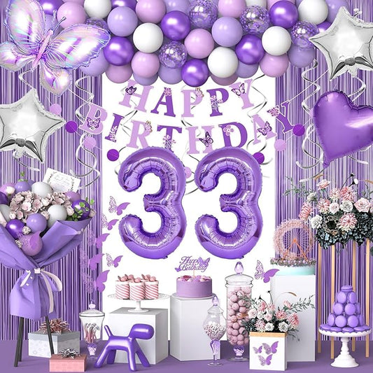 33rd Purple Birthday Decorations for Women, Purple Pink 33rd Birthday Decorations Butterfly Theme Lavender Party Decor Set with Number Balloons, Banner, Sash, Butterfly Stickers