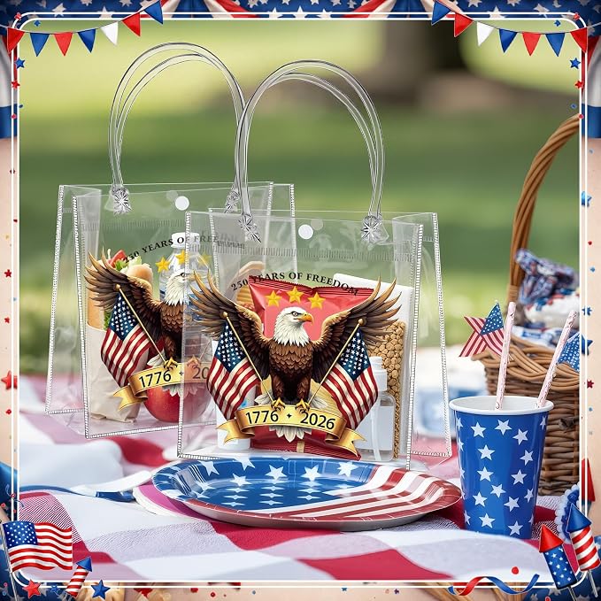 Teenyyou 24 Pcs 250th Anniversary Clear Gift Bags with Handles 4th of July Patriotic USA Eagle Transparent Tote Bags Memorial Day Goodie Candy Treat Gift Container for Independence Day Party Supplies