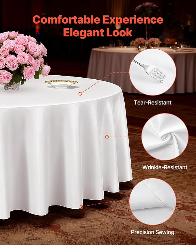 VEVOR White Round Tablecloths 6 Pack, 132 Inches in Diameter, Stain- & Wrinkle- Resistant, Machine Washable Table Clothes, Polyester Fabric Table Covers for Wedding, Party, Banquet, Formal Events
