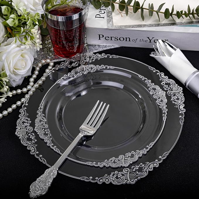 Morejoy 350PCS Clear Silver Plastic Plates - Silver Disposable Plates sets Include 50 Dinner Plates,50 Salad Plates,50 Forks,50 Knives, 50 Spoons，50 Cups, 50 Rolled Napkins for Wedding & Christmas