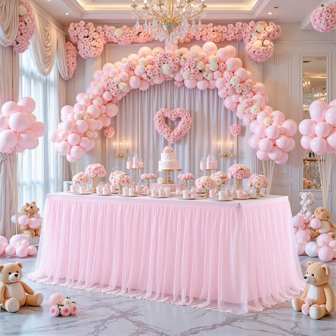 Suppromo Pink Tulle Tablecloth for 4 Foot Rectangular Tables 48 x 24 Inch White Rectangle Table Cloth 4ft Wrinkle Free Table Cover with Tutu Skirt for Wedding Birthday Party Banquet Tablecover