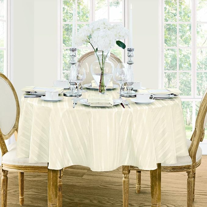 Newbridge 70 Inch Round Ivory Fabric Tablecloth, Denley Satin Stripe, Heavy Weight No Iron Polyester Holiday Dining & Party Table Cover