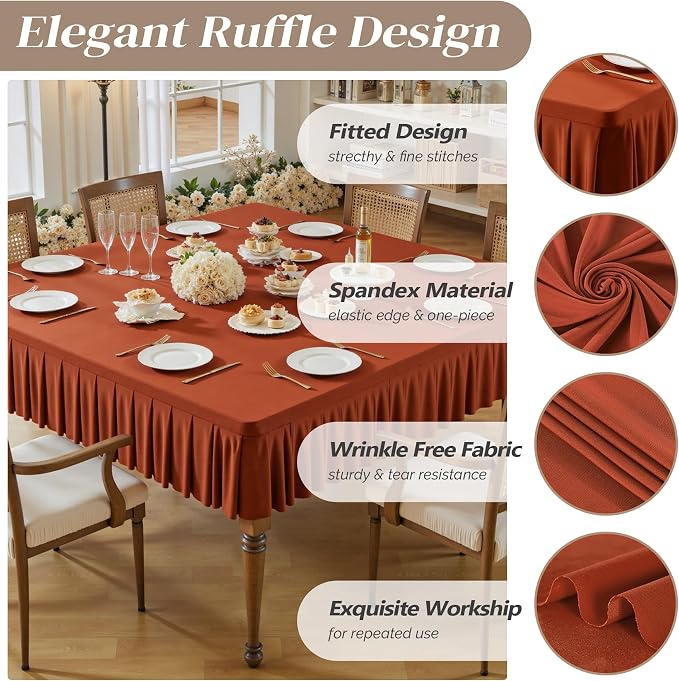 Wish Care Rust Spandex Tablecloths for 54x54 Inch Square Tables, Stretch Fitted Table Clothes with Pleated Ruffle Skirt for 54” Table, Wrinkle Free and Elastic, for Party Kitchen Home Dining