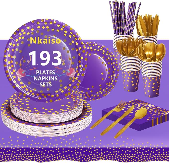 Nkaiso Paper Plates and Napkins Set, 193 Pieces Purple Gold Party Supplies Includes Paper Plates Cups Napkins Straws and Cutlery for Birthday Wedding Holidays Parties Decorations-24 Guests