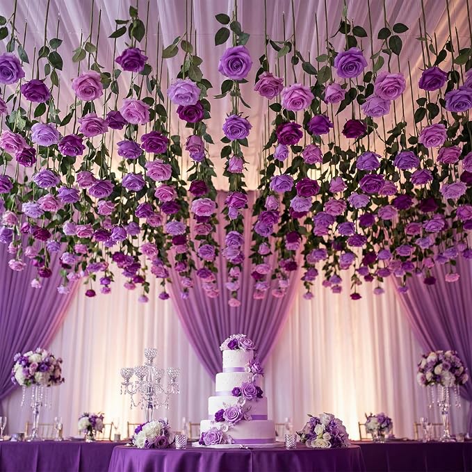 Lyrow 60 Pack Lavender Purple Artificial Flower Hanging Ornaments Purple Roses Floating Garland Moody Vintage Mauve Wedding Lilac Boho Cottagecore Ceiling Garland Bridal Shower Bouquet Table Decor
