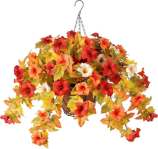 Ammyoo Artificial Fake Fall Flowers with Hanging Basket Plants for Outdoor Decoration, Silk Faux Flower UV Resistant Petunias for Home Porch Patio Garden Balcony Yard Decor Real Looking(Orange White)