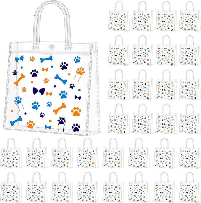 Supervitae 36 Pcs Dog Paw Clear Favor Bags with Handle Reusable Plastic PVC Gift Bag Animal Goodies Treats Wrap Totes for Christmas Birthday Party Supplies, 8 x 8 x 3.15 Inch