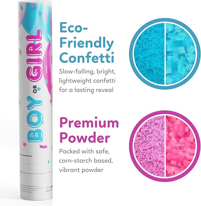 Gender Reveal Confetti & Powder Smoke Cannon | 3 Pink & 3 Blue Poppers | Biodegradable | Alternative to Gender Reveal Smoke Bombs Extinguisher Spray, Baby Gender Reveal Decorations, TUR Party Supplies