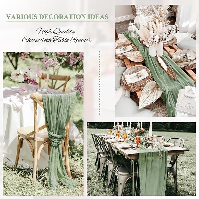 8 Pack 10Ft Cheesecloth Table Runner Sage Green, 20 x 120 Inch Rustic Gauze Boho Cheese Cloth Wedding Long Table Runner for Wedding Party Bridal Shower Decoration