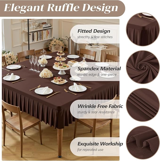 Wish Care Chocolate Spandex Tablecloths for 60x60 Inch Square Tables, Stretch Fitted Table Clothes with Pleated Ruffle Skirt for 60” Table, Wrinkle Free and Elastic, for Party Kitchen Home Dining