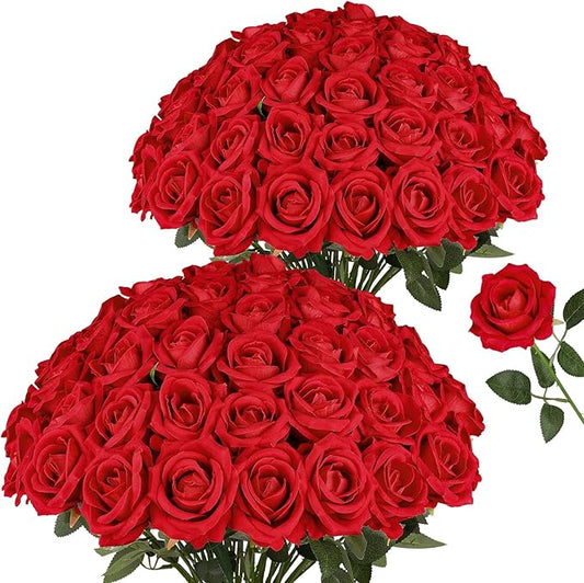 AmyHomie 32 PCS Red Roses Velvet Realistic Artificial Flowers with Bendable Stems for Wedding Bouquets Baby Shower Party Home Decor Fake Flowers Gifts for Valentines, Mothers Day, Womens Day