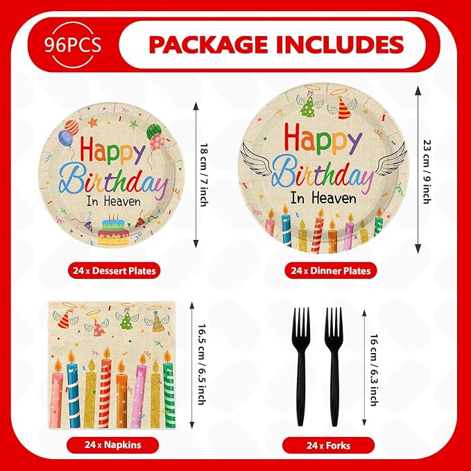96 Pcs Happy Birthday in Heaven Party Supplies Colorful Happy Birthday Plates and Napkins Disposable Funeral Memorial Tableware Set for Sympathy Grave Cemetery Party Decorations Serves 24
