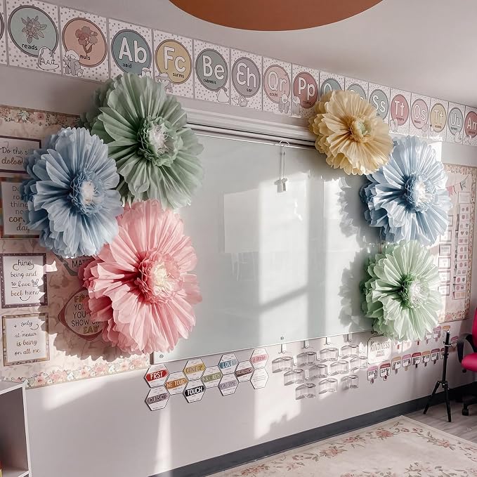 Giegxin 6 Pcs 31.5", 24" Boho Giant Paper Flower Morandi Back to School Bulletin Board Decoration Large Green Blue Classroom Tissue Flower for Wall DIY Nursery Photo Backdrop First Day of School Party