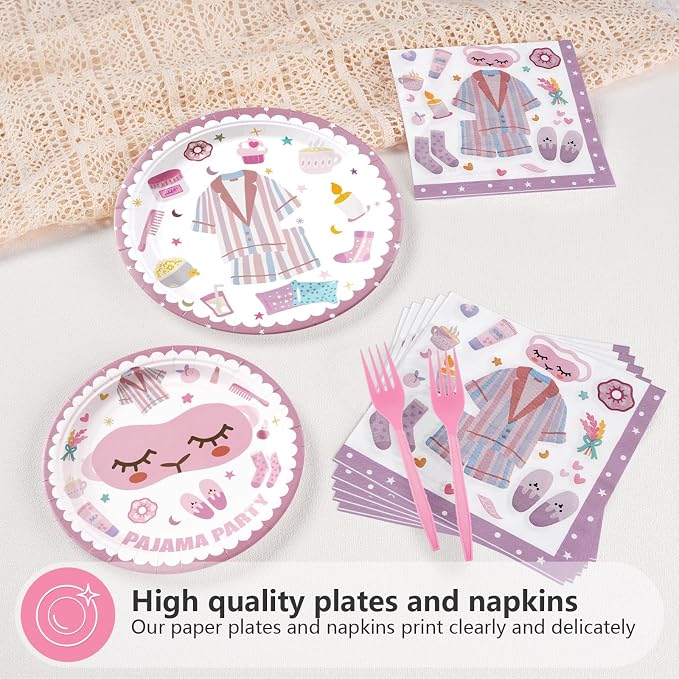96Pcs Pajama Party Decorations Supplies Sleepover Party Supplies For Girls Pajama Plates Napkins Forks Tableware Set for Slumber Party Spa Party Girls Birthday Party Bachelorette Party, Serves 24