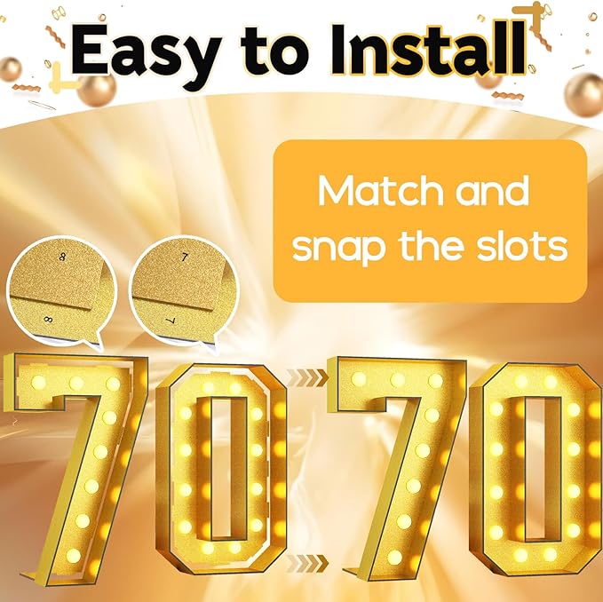 Light Up Numbers 70, 4FT Light Up Numbers Number 70 Marquee Gold Large Light Up Numbers Mosaic Numbers for 70th Birthday, Giant Light Up Numbers Pre-Cut Foam Board Kit for Graduation Anniversary Party
