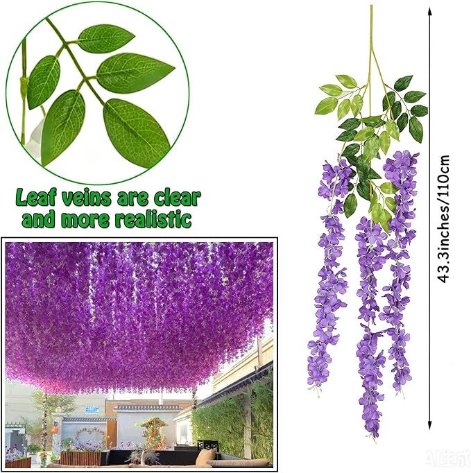 Artificial Wisteria Hanging Flowers Fake Wisteria Flower Garland Silk Vines Rattan Decor for Home Wedding Arch Wall Garden Greenery Bedroom Outdoor Office Party Decoration (48, Purple)