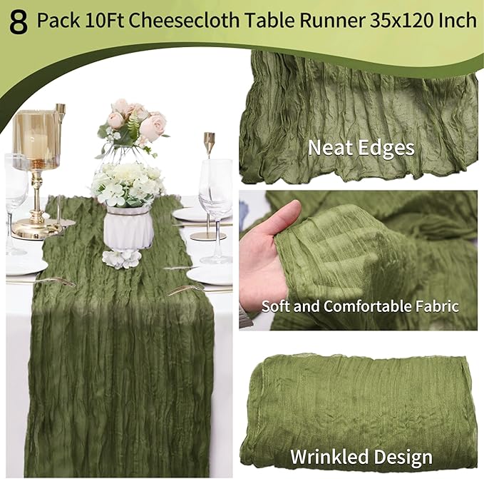 8 Pack Grass Green Cheesecloth Table Runner 10Ft Boho Table Runners 35x120Inch Romantic Cheese Cloth Table Runner for Wedding Birthday Party Bridal Baby Shower Engagement Holiday Christmas Table Decor