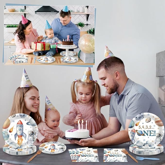 96Pcs 1st Space Birthday Party Supplies Space Planet Paper Plates Napkins and Forks Astronaut Celebration Birthday Party Decorations Solar System Dinnerware Favor for Men or Women Tableware Serves 24