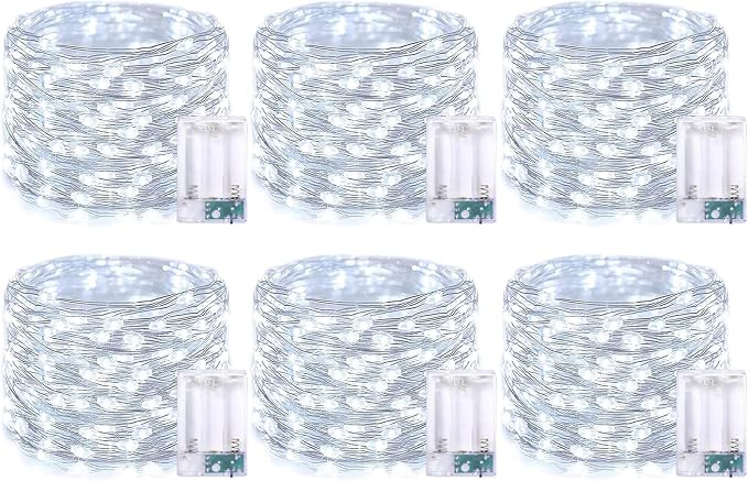 YEGUO Fairy Lights Battery Operated, 6 Packs Each 16ft 50 LED String Lights, Christmas Lights Indoor for Bedroom Wedding Party Holiday Gift(White)