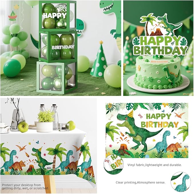 268Pcs Dinosaur Birthday Party Decorations, All-in-One Dinosaur Party Decorations Set for 25 Guests with Balloon Garland Arch, Plates, Tablecloth, Cake Topper, Backdrop, Napkins, Glitter Banner