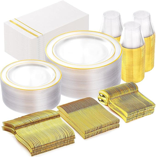 GATHER 350PCS Clear Gold Plastic Plates - Disposable Gold Dinnerware Sets Includes 100 Gold Rim Plastic Plates, 150 Silverware, 50 Napkins, 50 Cups for Party, Wedding