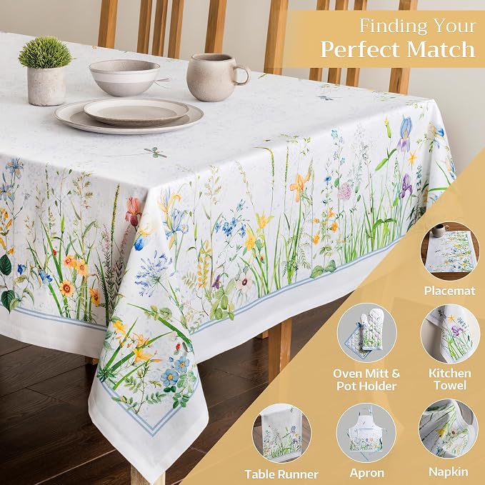 Maison d' Hermine Table Cloth Rectangle Table 100% Cotton 54 x 72 Inches Tablecloth Reusable Decorative for Dining Kitchen Room Farmhouse Party Home Hotel Restaurant Spring Summer - Fleurs De Mai