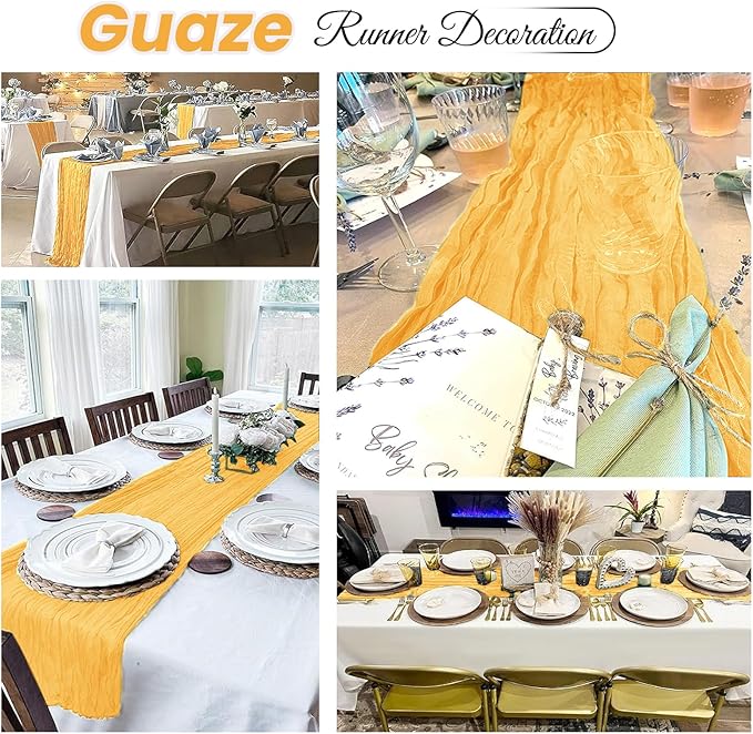 16 Pack Gold Cheesecloth Table Runner 20 x 120 inch Gauze Table Runners 10 FT Long,Semi Sheer Cheese Cloth Fabric Table Runner Bulk for Wedding,Party,Baby Shower,Bridal Shower Decoration