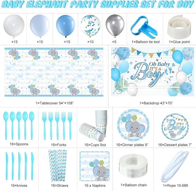 Chengu 194 Pcs Elephant Baby Shower Party Supplies - Blue It's a Boy Backdrop Banner, Tablecloth, Tableware & Balloons Party Decorations for Baby Showers Gender Reveal(Boy Style)